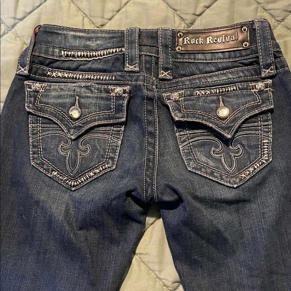 Rock Revival Dark Blue Boot Cut Jeans with Embroidered Flap Pockets